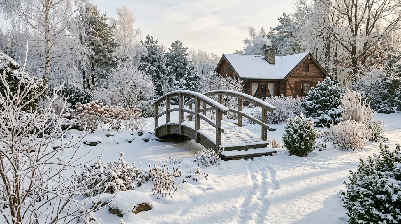 Snow-Covered Backyard With Small Garden Bridge